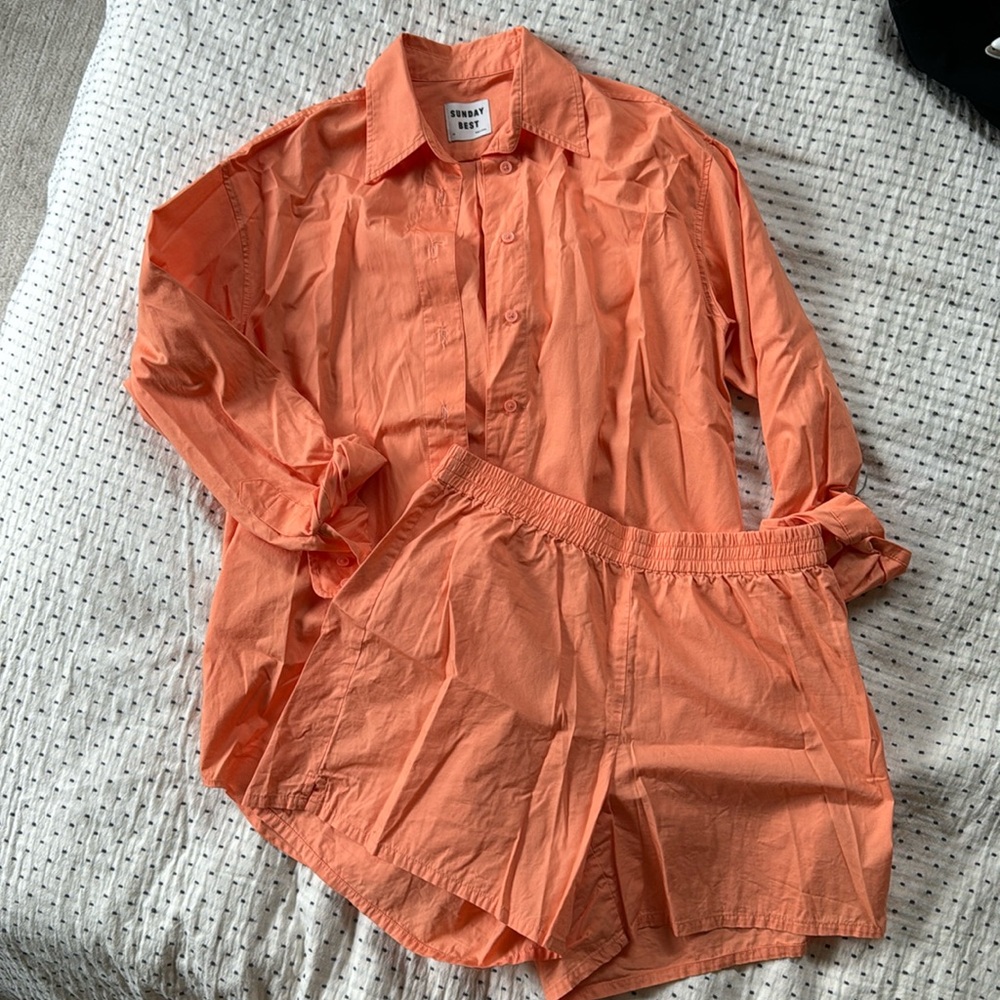 Aritzia Coral Orange Button-Up Shirt and Shorts Set